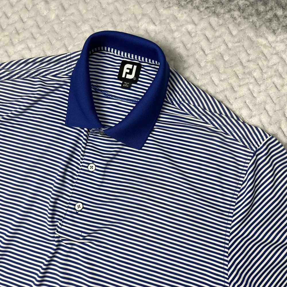 FootJoy FJ‎ Polo Golf Shirt MENS Large Blue White Striped Polyester/Spandex